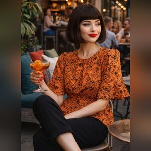 Orange Floral Sketch Peplum Blouse Small Artsy Bell Sleeve Top